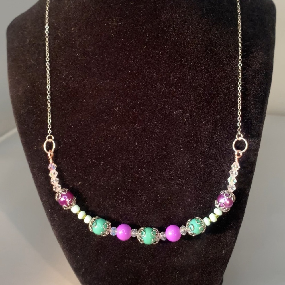 IRIS MINT — Handmade Purple & Turquoise Glass Beaded Necklace w Stainless Steel